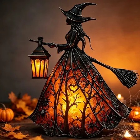Gothic Spooky Halloween Witch Resin Figurine Lantern,7 Inch LED Lighted Decor with Glowing Stained Glass Effect Dress,USB Powered Night Light