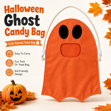 Halloween Ghost Candy Bag Hands Free Neck Hanging Trick Or Treat Bag with Easy Access Mouth Opening Large Capacity for Kids Orange
