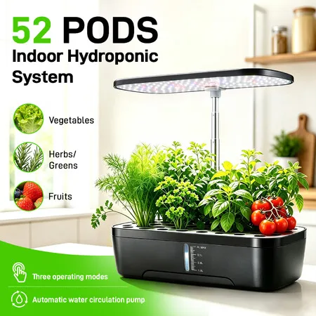 52 Pods Hydroponics Growing System Indoor Herb Vegetable Garden Kit Plant Germination Full Spectrum 20W LED Grow Light 4L Smart Planter Water Pump