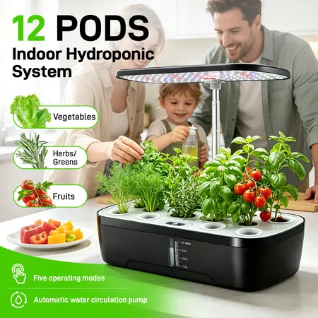 Hydroponics Growing System Indoor Herb Garden Kit 12 Pods 4L Germination Planter Full Spectrum LED Grow Light Water Pump Adjustable Height Auto Timer