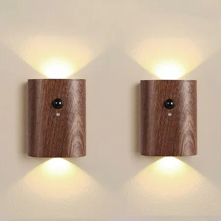 2 Pack Wood Step Light with Motion Sensor, Wood 2700K Warm White LED Wall Lamps, Easy to Installation for Hallway Bedroom Staircase