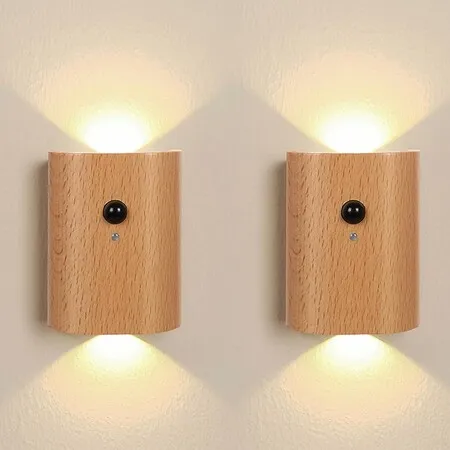 2 Pack Wood Step Light with Motion Sensor, Wood 2700K Warm White LED Wall Lamps, Easy to Installation for Hallway Bedroom Staircase