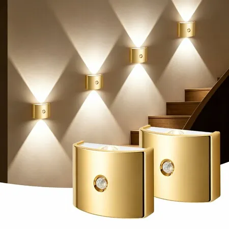 2 Pack Motion Sensor Wall Light, Rechargeable Wall Sconce with Brightness Adjustable, Wireless Magnetic Mount for Bedroom Stair Hallway (Gold)