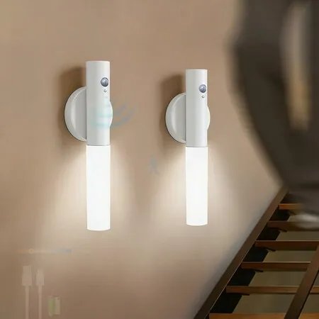 2 Pack LED Wall Light Indoor with Motion Sensor Wall Lamp Dimming USB Rechargeable Wall Lighting Battery Operated for Hallway Stairway Porch (White)