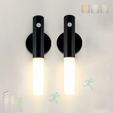 2 Pack LED Wall Light Indoor with Motion Sensor Wall Lamp Dimming USB Rechargeable Wall Lighting Battery Operated for Hallway Stairway Porch (Black)