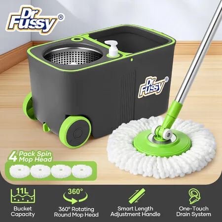 Dr Fussy 11L Spin Mop and Bucket with Wheels 4 Microfibre Heads Adjustable Handle 360 Spinning Wet Dry Floor Cleaning System for Hard Wood Timber Tile