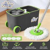 Dr Fussy 11L Spin Mop and Bucket with Wheels 4 Microfibre Heads Adjustable Handle 360 Spinning Wet Dry Floor Cleaning System for Hard Wood Timber Tile