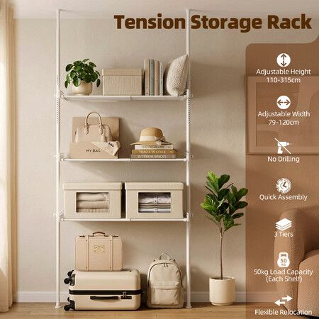 Tension Storage Rack Floor to Ceiling Stand 3 Tier Adjustable Wardrobe Organiser Telescopic Clothes Closet Shelf No Drilling Laundry Shelving Unit