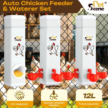 3PCS Chicken Bird Feeder Water Dispenser Automatic Waterer Poultry Food Drinker 12L Auto Gravity Fed Hen Chook Chick Duck Drinking Cups Coop Run PVC