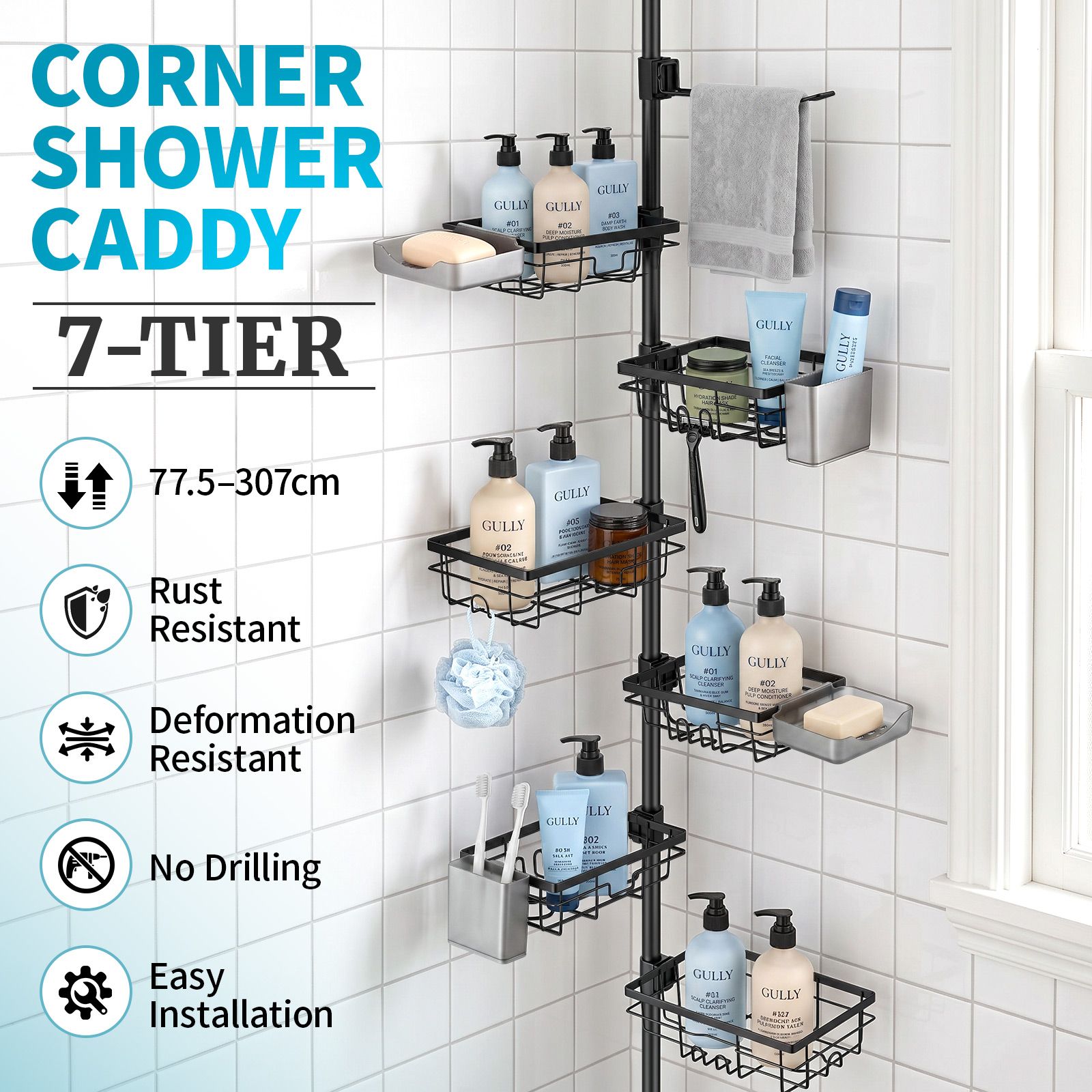 Corner Shower Caddy Tension Pole 7-Tier Adjustable 77.5-307cm Telescopic Bathroom Shelves Organiser Rustproof No-Drill Storage Rack Shampoo Holders