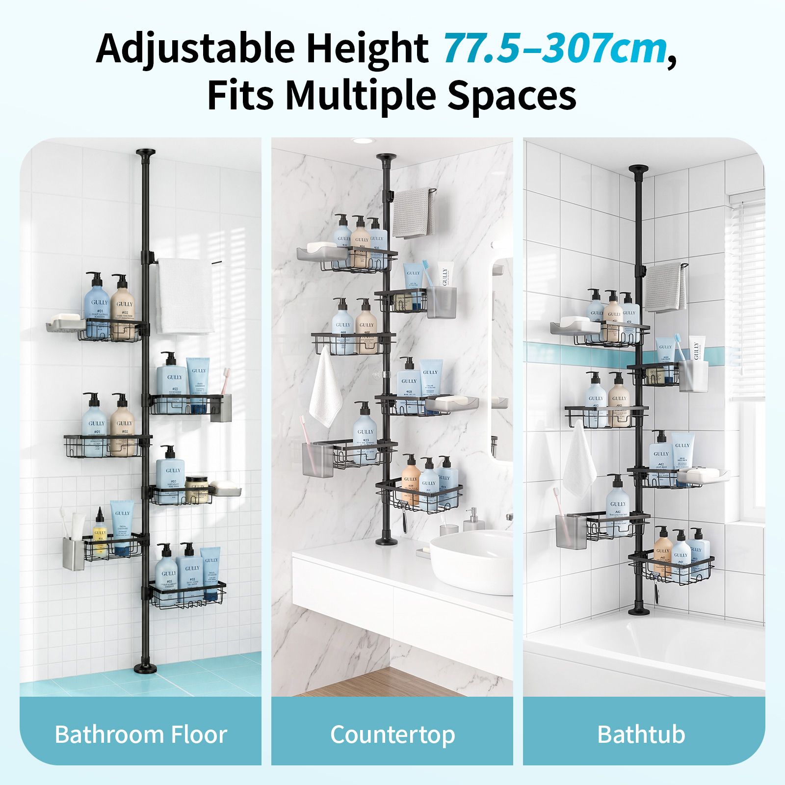 Corner Shower Caddy Tension Pole 7-Tier Adjustable 77.5-307cm Telescopic Bathroom Shelves Organiser Rustproof No-Drill Storage Rack Shampoo Holders