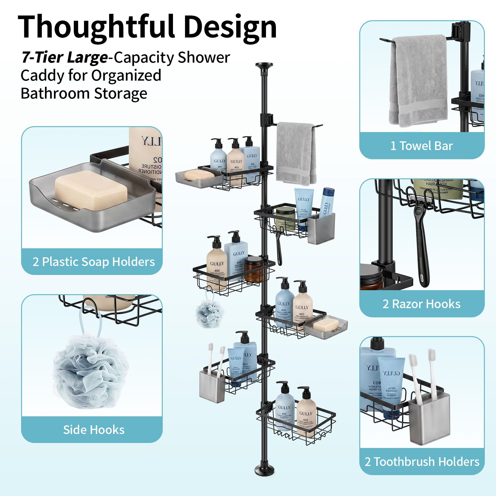 Corner Shower Caddy Tension Pole 7-Tier Adjustable 77.5-307cm Telescopic Bathroom Shelves Organiser Rustproof No-Drill Storage Rack Shampoo Holders