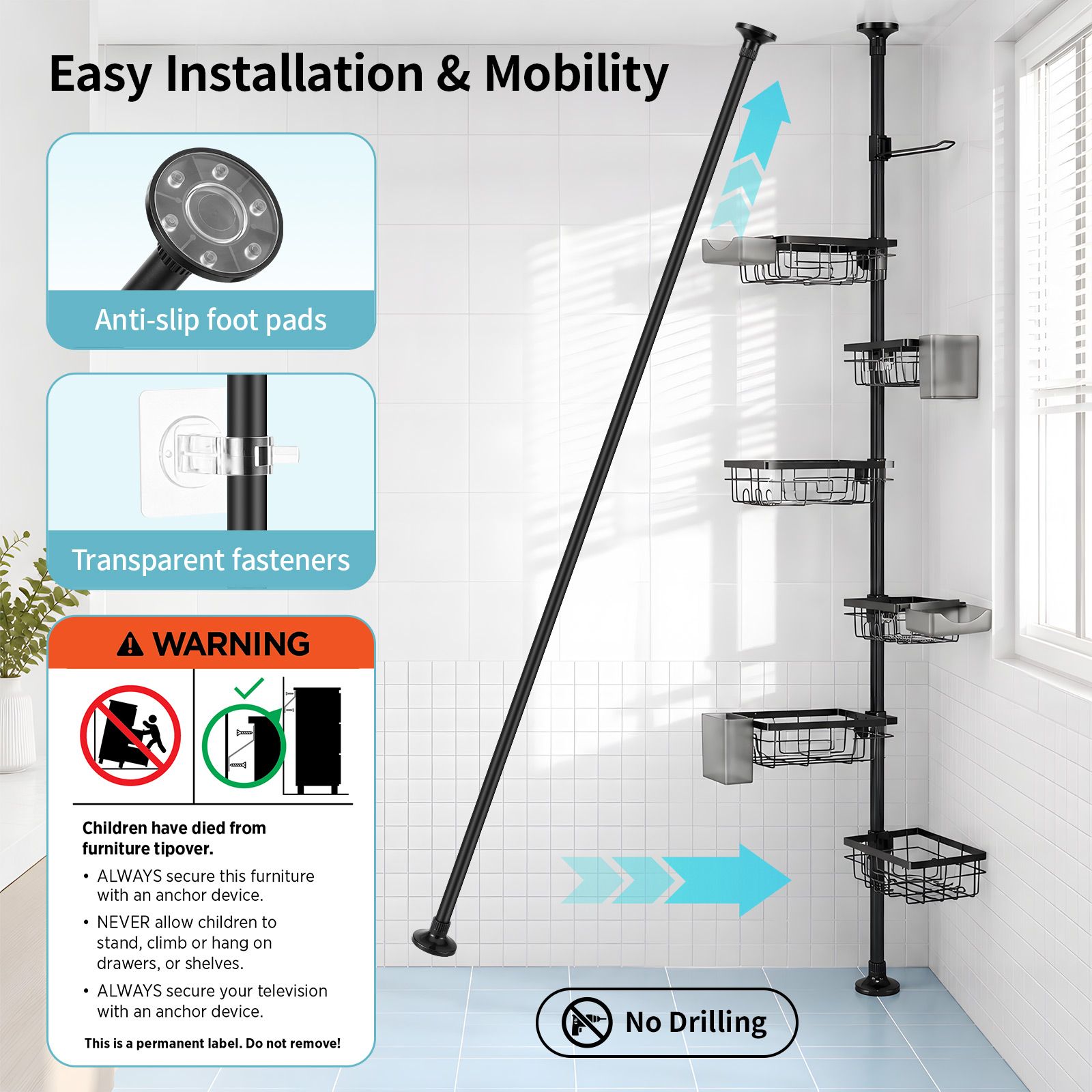 Corner Shower Caddy Tension Pole 7-Tier Adjustable 77.5-307cm Telescopic Bathroom Shelves Organiser Rustproof No-Drill Storage Rack Shampoo Holders