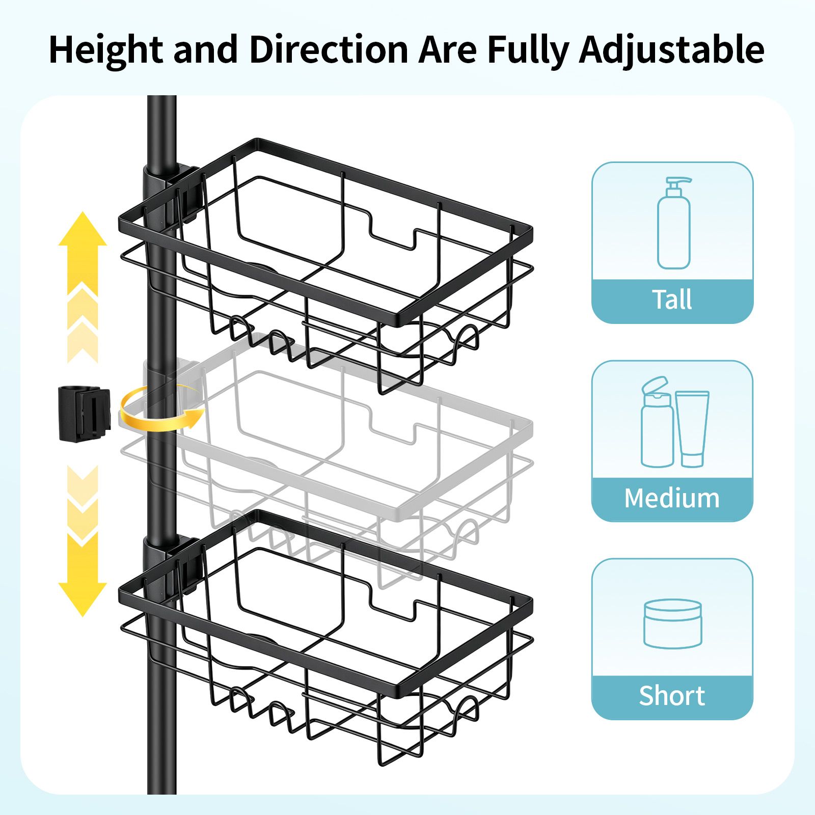 Corner Shower Caddy Tension Pole 7-Tier Adjustable 77.5-307cm Telescopic Bathroom Shelves Organiser Rustproof No-Drill Storage Rack Shampoo Holders