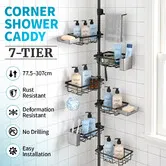Corner Shower Caddy Tension Pole 7-Tier Adjustable 77.5-307cm Telescopic Bathroom Shelves Organiser Rustproof No-Drill Storage Rack Shampoo Holders