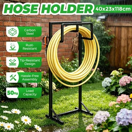 Garden Hose Holder Stand Freestanding Water Hosepipe Reel Storage Rack Outdoor Yard Metal Hanger Organiser with Ground Stakes Utility Tool Hooks 50KG