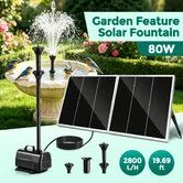 80W Solar Fountain Water Pump Panel Kit 6M Lift 2800LPH Brushless Submersible Powered 3 Spray Nozzles for Outdoor Garden Pool Ponds Features Bird Bath