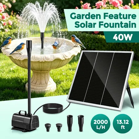 40W Solar Fountain Water Pump Panel Kit 4M Lift 2000LPH Brushless Submersible Powered 4 Spray Nozzles for Outdoor Garden Pool Ponds Features Bird Bath