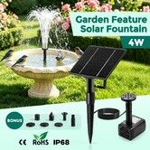 Solar Water Fountain Submersible Pump Panel Kit 4W Energy Powered Outdoor Garden Feature Pool Bird Bath Pond 5 Nozzles 3m Cable DC Brushless Motor