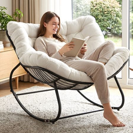 Oversized Papasan Chair Rocking Lounge Chaise Reading Accent Soft Padded Cushion Metal Frame 200kg Living Sitting Room Bedroom Patio Balcony Furniture