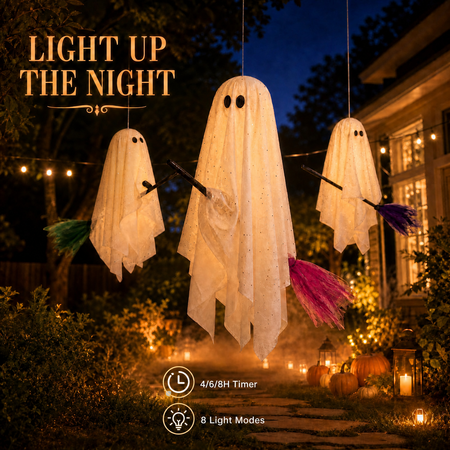 3 Light up Ghosts Flying Witch Broom Decoration Set of for Halloween Patio Yard Indoor Outdoor Decor Battery Power