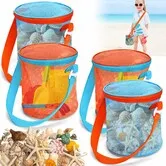 4 Pack Mesh Seashell Collecting Bags, Beach Shell Holder Storage Bucket, Sand Toy Organizer for Shelling, Sandbox & Beach Vacation Essentials for Kids