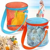 2 Pack Mesh Seashell Collecting Bags, Beach Shell Holder Storage Bucket, Sand Toy Organizer for Shelling, Sandbox & Beach Vacation Essentials for Kids