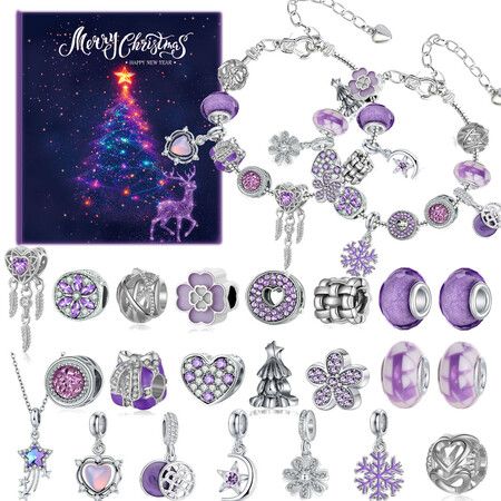 DIY Charm Bracelet Jewellery Making Kit 22 Beads And Charms With 2 Bracelet Chains Necklace Chain Purple Christmas Craft Gift