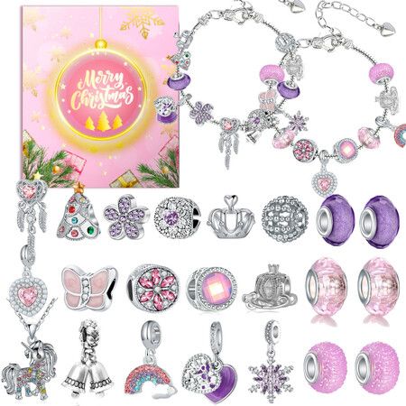 DIY Charm Bracelet Jewellery Making Kit 22 Beads And Charms With 2 Bracelet Chains Necklace Chain Pink Christmas Craft Gift