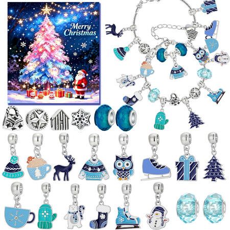Christmas Advent Calendar DIY Charm Bracelet Kit 22 Beads and Charms with 2 Adjustable Bracelet Chains Blue Jewellery Making Gift for Girls