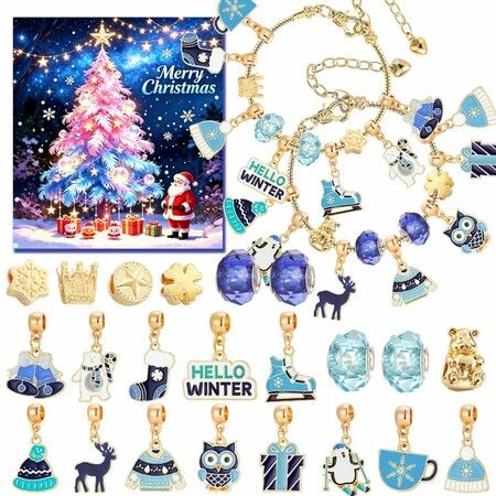 Christmas Advent Calendar DIY Charm Bracelet Making Kit 22 Beads and Charms with 2 Bracelet Chains Blue Jewellery Craft Gift for Girls