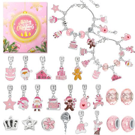 24 Day Christmas Advent Calendar DIY Charm Bracelet Kit 22 Beads and Charms with 2 Adjustable Chains Pink Jewellery Making Gift for Girls