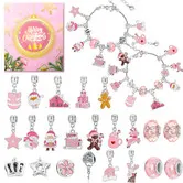24 Day Christmas Advent Calendar DIY Charm Bracelet Kit 22 Beads and Charms with 2 Adjustable Chains Pink Jewellery Making Gift for Girls