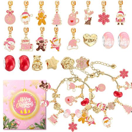 24 Day Christmas Advent Calendar DIY Charm Bracelet Kit 22 Beads and Charms with 2 Adjustable Chains Pink Jewellery Making Gift for Girls