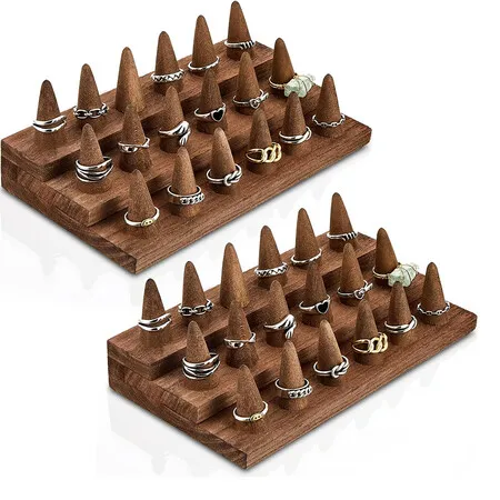 2 Pcs Wooden Ring Display Holder, 3 Step for 18 Rings, Stand for Jewelry Counter, Vendor Rack, Stepped Organizer with Cone Holders