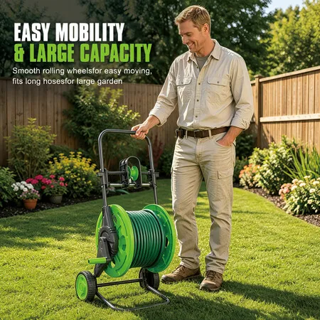 Garden Hose Reel Cart Heavy Duty Metal Watering Pipe Holder Stand Rolling Trolley Storage Wheel Outdoor Lawn Irrigation Portable Winder Wash Equipment