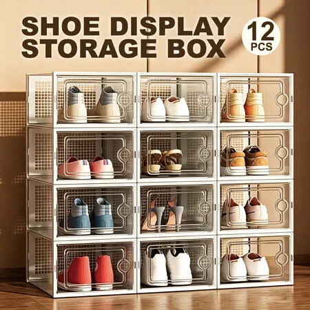 Clear Shoe Storage Boxes 12PCS Plastic Stackable Organiser Large Modular Containers Sneaker Display Cases Holder Unit for Wardrobe Entryway Under Bed