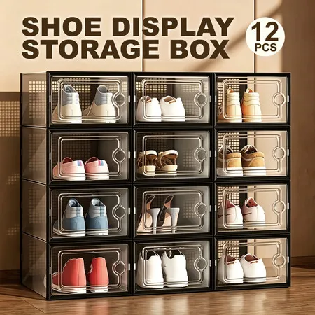 Shoe Storage Boxes 12PCS Clear Plastic Stackable Organiser Large Modular Containers Sneaker Display Cases Holder Unit for Closet Entryway Under Bed