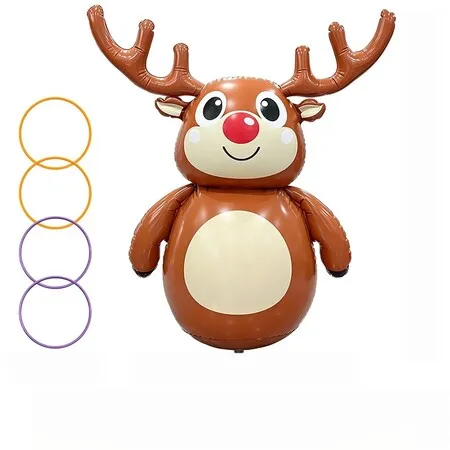 92 cm Inflatable Christmas Reindeer Ring Toss Game Wobble Decoration with 4 Tossing Rings for Indoor Outdoor Party Yard Garden