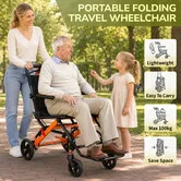 Mobility Wheelchair Folding Lightweight Medical Disability Aid Equipment Portable Transport Travel Transit Chair Senior Elderly Rear Hand Brakes 100kg