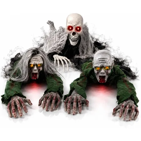 Crawling Zombie Animatronic with Light-Up Eyes,Halloween Decoration,Motorized Creeping Zombie with Long Gray Hair and Tattered Clothes 3Pack
