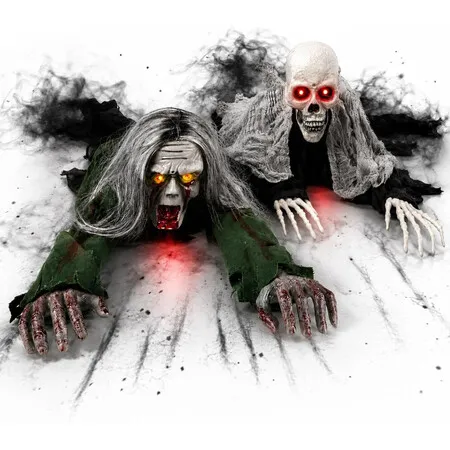 Crawling Zombie Animatronic with Light-Up Eyes,Halloween Decoration,Motorized Creeping Zombie with Long Gray Hair and Tattered Clothes 2Pack