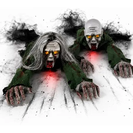 Crawling Zombie Animatronic with Light-Up Eyes,Halloween Decoration,Motorized Creeping Zombie with Long Gray Hair and Tattered Clothes 2Pack