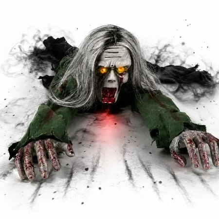 Crawling Zombie Animatronic with Light-Up Eyes,Halloween Decoration,Motorized Creeping Zombie with Long Gray Hair and Tattered Clothes