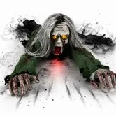 Crawling Zombie Animatronic with Light-Up Eyes,Halloween Decoration,Motorized Creeping Zombie with Long Gray Hair and Tattered Clothes