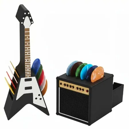 Guitar Picks Holder Box, Amp Speaker Styled Pick Holder and V-Shaped Guitar Pick Holder, Pick Storage Box Set for Guitar Players and Music Enthusiasts