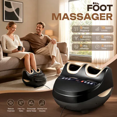 Electric Foot Calf Massager Heated Air Compression Shiatsu Roller Deep Tissue Massaging Machine Digital Touch Screen Timer Auto Shut Off Washable Cover