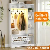 LED Hall Tree Shoe Bench White Entryway Coat Rack Flip Footwear Cabinet 5-Tier Side Shelves Clothes Hat Hanger Cupboard Storage Organiser Furniture