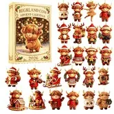 Christmas Highland Cow Advent Calendar 24 Piece 2D Acrylic Ornaments Countdown Box Tree Hanging Decorations for Christmas Holiday Home Decor