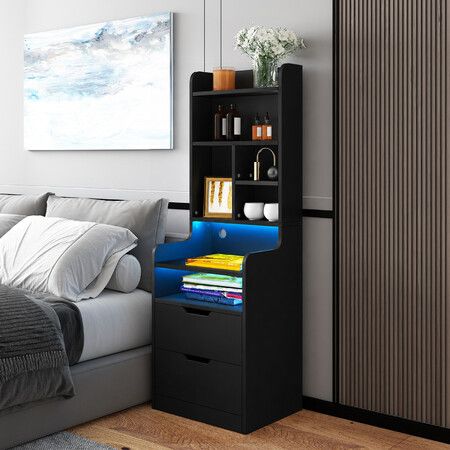 2 in 1 LED Bedside Table Bookshelf 2 Drawer Nightstand Side Cabinet Shelving Unit Storage Shelves Compartments Bedroom Organiser with Charging Station